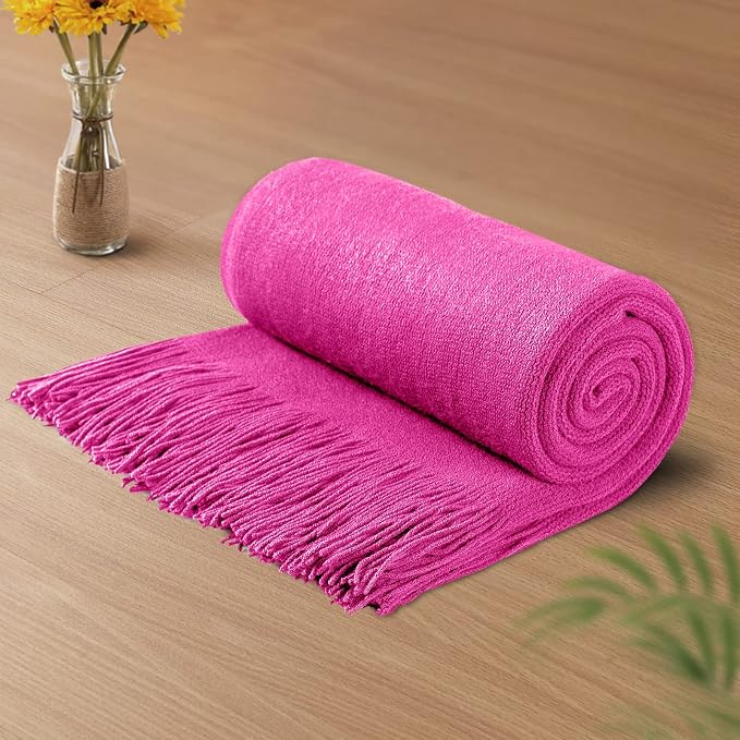 Vonty Hot Pink Knitted Throw Blanket with Tassels Fringe, 50x60 Acrylic | Super Soft And Lightweight, Year-Round Cozy Warmth, Farmhouse Decorative Style, Machine Washable, for Couch, Sofa or Bed