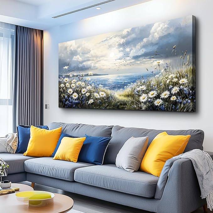 KELIYUAN Large Canvas Wall Art For Living Room Bedroom Wall Decor Home Office Blue Mediterranean Garden Landscape Painting Room Bathroom Dining Room Prints Artwork Picture Wall Decoration 20x40 In