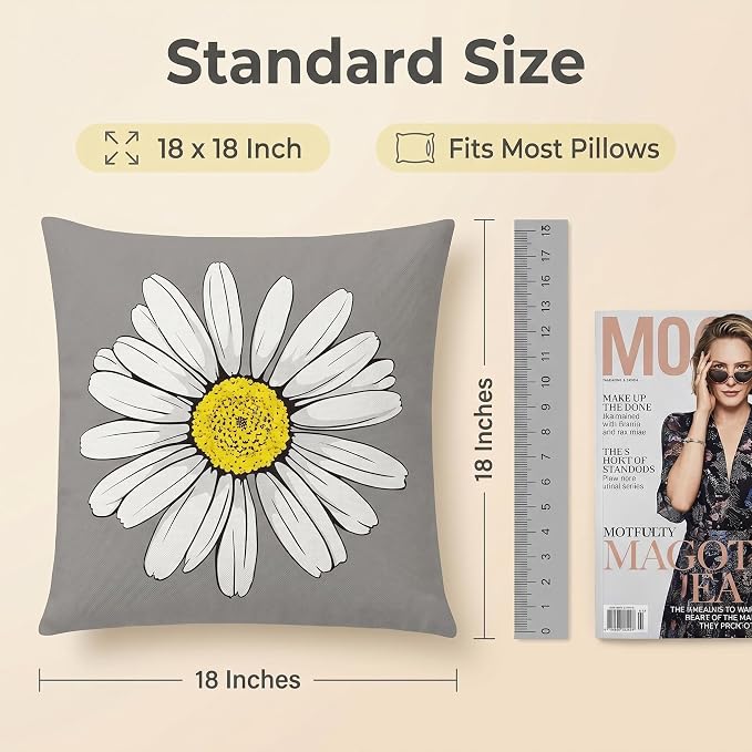 COMMINY Yellow Gray Linen Pillow Covers 18x18 Set 6 Farmhouse Throw Cover | Daisy Dhalia Cushion Cover, Standard Throw Pillow Size, Breathable Linen, Couch Sofa Bedroom, Fall Summer Decor
