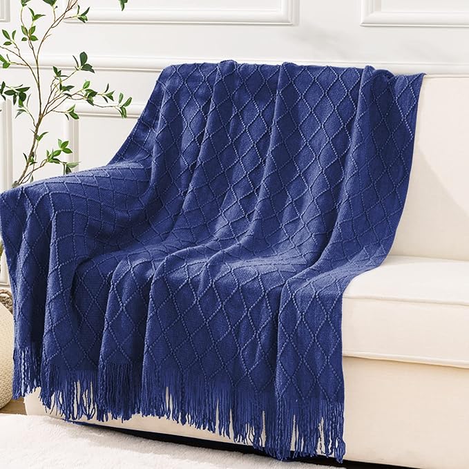 inhand Navy Blue Knitted Throw Blanket for Couch and Bed, 60"x80" | Soft Living Room Home Decor Knitted Twin Size Blanket, Outdoor Lightweight Breathable Summer, Farmhouse Warm Woven Decorative
