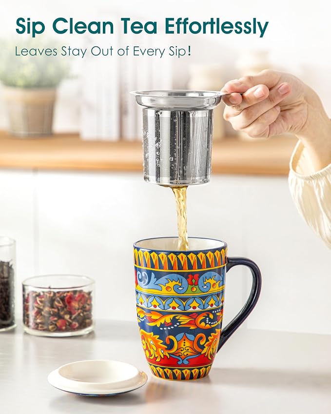 vancasso Ceramic Tea Cup with Infuser and Lid, 18 Ounce Tea Infuser Mug for Loose Leaf Tea, Microwave & Dishwasher Safe, Bohemian Mandala, Gift for Tea Lovers, Midnight Peacock