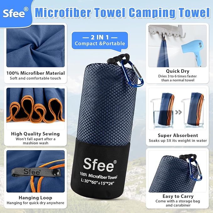 Sfee 4 Pack(8Pcs) Microfiber Travel Towel, Quick Dry Beach CampingTowel Super Absorbent Compact Lightweight Sport Gym Towels for Beach, Gym, Hiking, Pool, Backpacking, Bath, Yoga(L:60"*30"+24"*15")