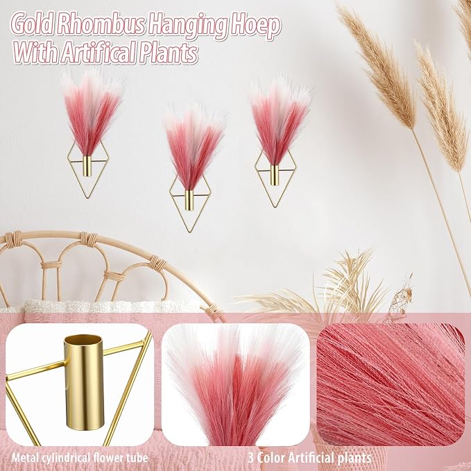 Hanaive 4 Sets Boho Wall Decor Metal Wall Art Hanging Planters with Artificial Pampas Display Modern Home Vase for Bedroom Home Office(Sweet,Bean Paste Color, Beige, Light Pink)