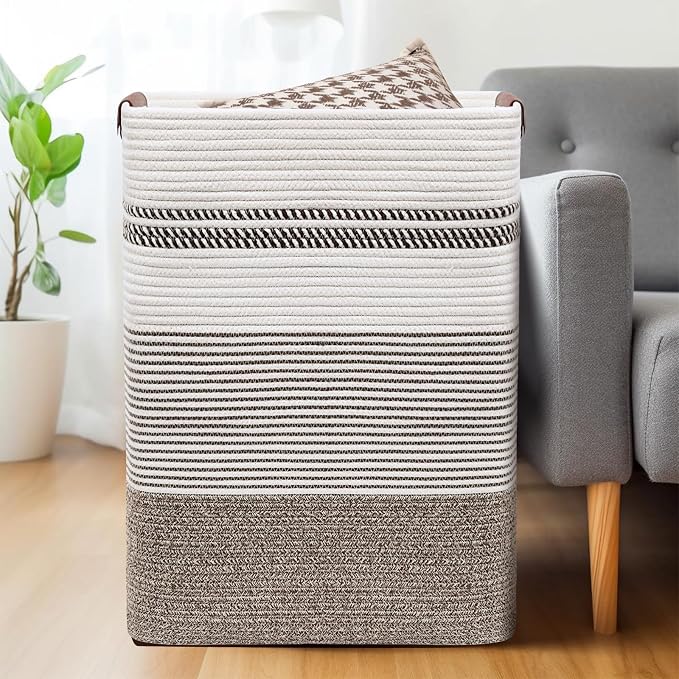 Laundry Hamper, 85L Cotton Rope Laundry Basket, Rice Brown & White | Foldable nursery hamper with leather handles; store blankets, toys, baby clothes and laundry in bedroom or living room