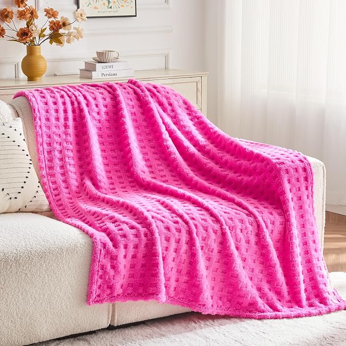 NEWCOSPLAY 3D Waffle Checkered Flannel Queen Blanket, Hot Pink, 90"x90" | Super Soft Cute Lightweight Decorative Premium Silky Fleece Blanket for Couch Sofa Bed, Gift for Women Men, All Season Use