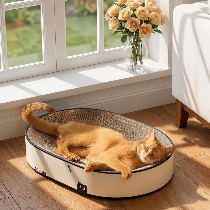 Conlun Oval Cat Scratcher Bed | Scratching Bowl Lounge for Cats | Large | Corrugated Cardboard Pad | Concave Shape | No Mess Enclosed Base | Serves as Couch Furniture Protector