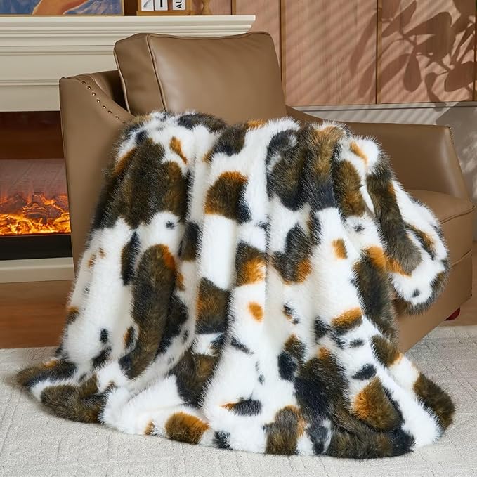 Luxury Fluffy Faux Fur Throw Blanket,Thick Fluffy Silky Fuzzy Cozy Blanket,Plush Blankets for Couch, Sofa, Chair, Bed-Cow Print-Brown 50 * 60inch