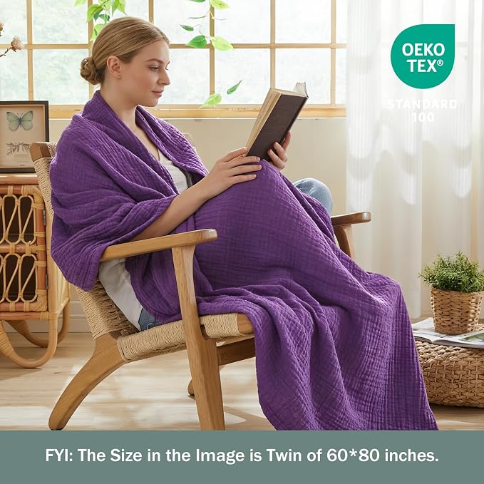EMME Muslin Blankets for Adults Throw Blanket for Couch Breathable Gauze Soft Lightweight Airy Purple Twin 60" x 80"