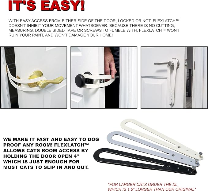 FlexLatch Cat Door Holder Latch - Cat Door Alternative Installs Fast Flex Latch Strap Let's Cats in and Keeps Dogs Out of Litter & Food. Safe Baby Proof One Piece Extra Easy, XL Gray