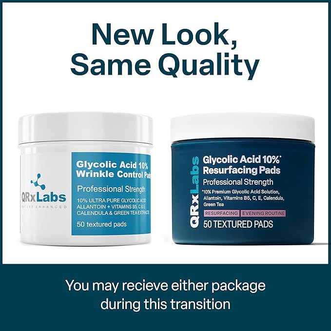 QRxLabs Glycolic Acid Pads - 50-Count Jar, 10% Glycolic Acid - AHA Resurfacing Peel & Exfoliating Face Pads - Alcohol-Free Rinse-Free With Vitamins B5, C & E & Green Tea Extract