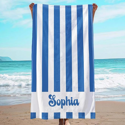 JML Personalized Beach Towel with Name, Custom Cabana Stripe Beach Towel, Customized Microfiber Pool Towel, Quick Dry & Absorbent Swim Towel for Adult,Mother's Day, Birthday, Summer Holiday,Vacation