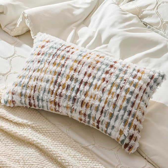 Boho Chenille Pillow Cover Decorative Tufted Pillowcase for Couch Bed Sofa Bedroom Living Room Modern 12 x 20-Inch Brown White
