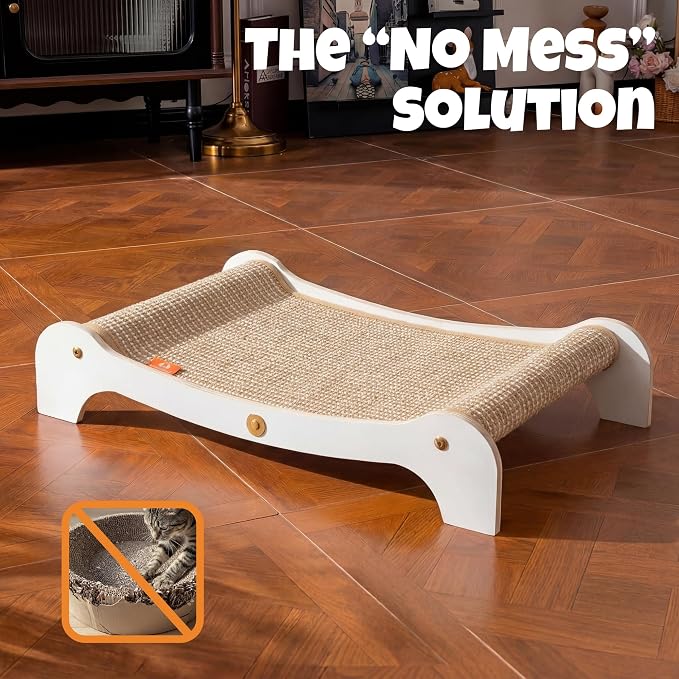 Cat Scratcher Bed for Indoor Cats, Large Wooden Hammock with Natural Jute Pad, 2-in-1 Scratcher Lounge Chair to Protect Furniture (Large)