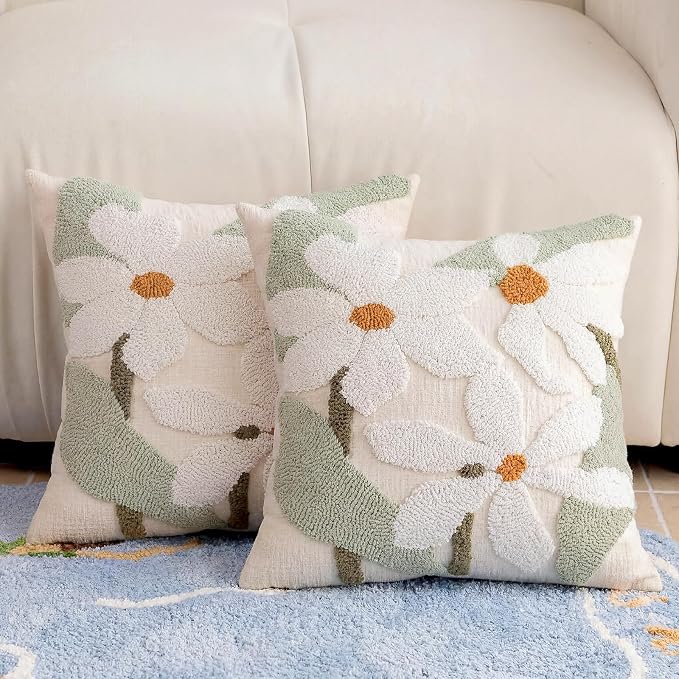 Summer Daisy Throw Pillow Covers 20x20 Inch Set of 2, Chenille Embroidered Pillowcase with 3D Tufted White Flowers Sage Green Leaves, Boho Decorative Cushion Covers for Couch Sofa Bed
