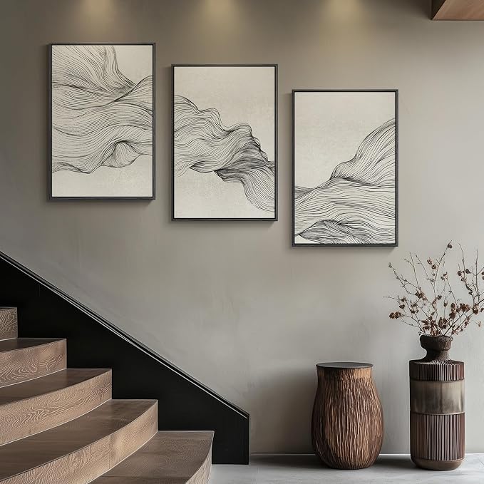Large Framed Neutral Modern Abstract Wall Art, 3 Piece Black and Beige Canvas Prints Paintings Artwork for Walls, Minimalist Line Pictures for Living Room Hallway Office Wall Decor -Total 30x60 Inch