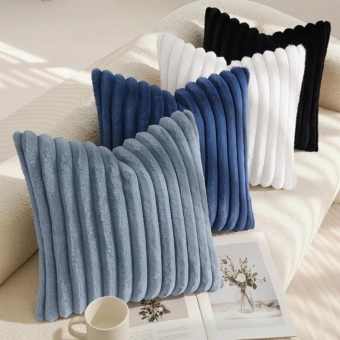 decorUhome Fall Faux Fur Throw Pillow Covers 20x20 Set of 2 Grey Blue | Decorative Soft Cozy Striped Plush Modern Farmhouse Boho Couch Pillow Cases Velvet Back for Sofa Bed Living Room Home Decor