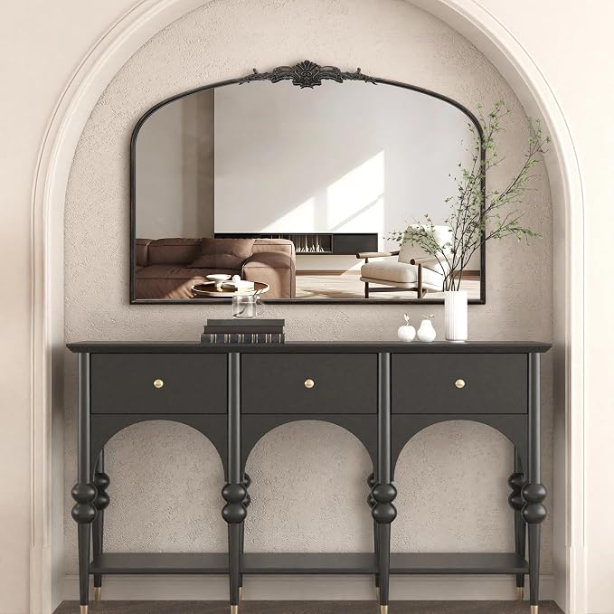 Besdomus Vintage Arched Black Mirror: 48"x33" Oversized Decorative Mirrors | French Baroque Metal Framed - Traditional Ornate for Home Renovation Decor - Ideal for Foyer/Entryway/Fireplace/Living Room