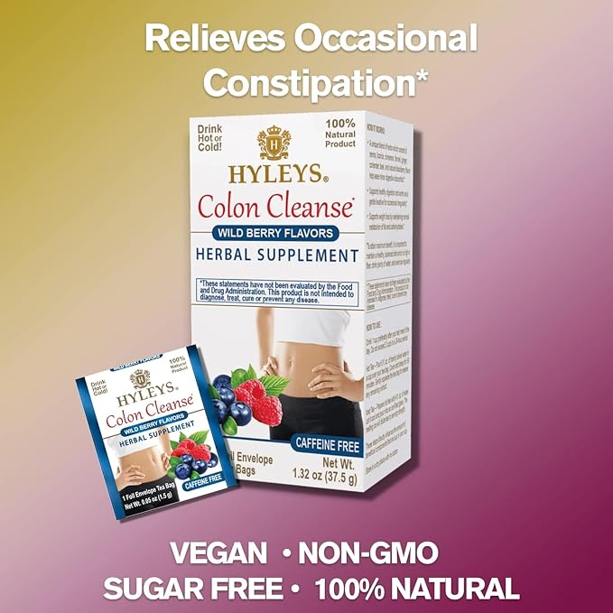 HYLEYS Colon Cleanse Tea, Wild Berry Flavor - 25 Individually Wrapped Herbal Tea Bags - Caffeine Free, Vegan