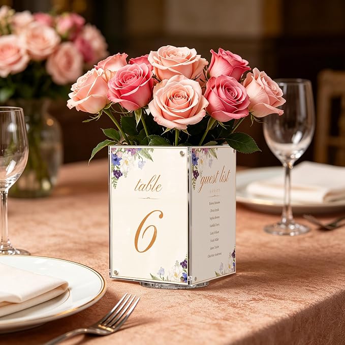 Rotating Acrylic Vase for Party Centerpieces, 4-Sided Magnetic Picture Display Frame 4x6 Inch, 360° Spinning Photo Display Holder for Wedding Event Table, Acrylic Menu Holder for Restaurant Home Decor