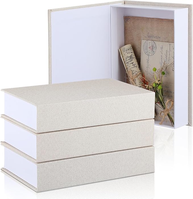 Tioncy 3 Pcs Decor Linen Faux Book Box Set Aesthetic DIY Fake Linen Book Box for Decor Storage Cafe Table Bookshelf Gift Home Keepsake(8.6 x 6.1 x 1.8 Inch,Creamy White)
