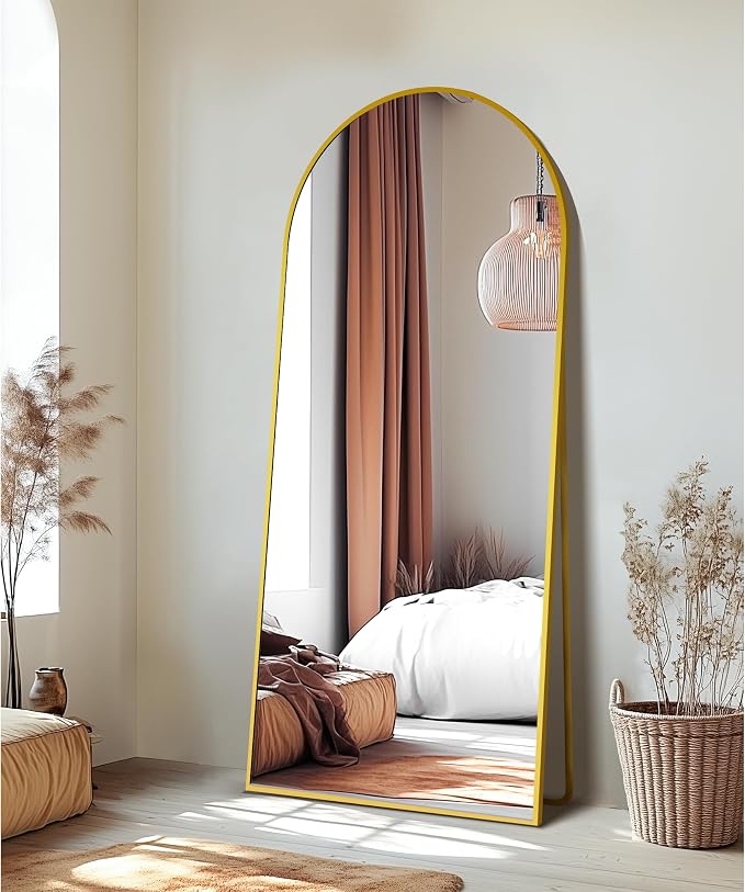 Arched Full Length Mirror with Stand, 69x24 Gold Floor Mirror | Aluminium alloy frame with HD float glass for distortion-free reflection. Free standing or wall mounted.