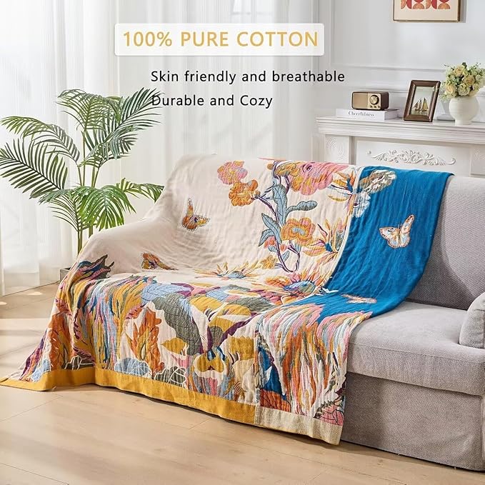 Boho Throw Blanket Farmhouse Decor Throw Blanket Bohemian Blanket for Bed 100% Cotton Muslin Woven Couch Blanket All Seasons Quilt Bedroom (D-Yellow, 80"x90")