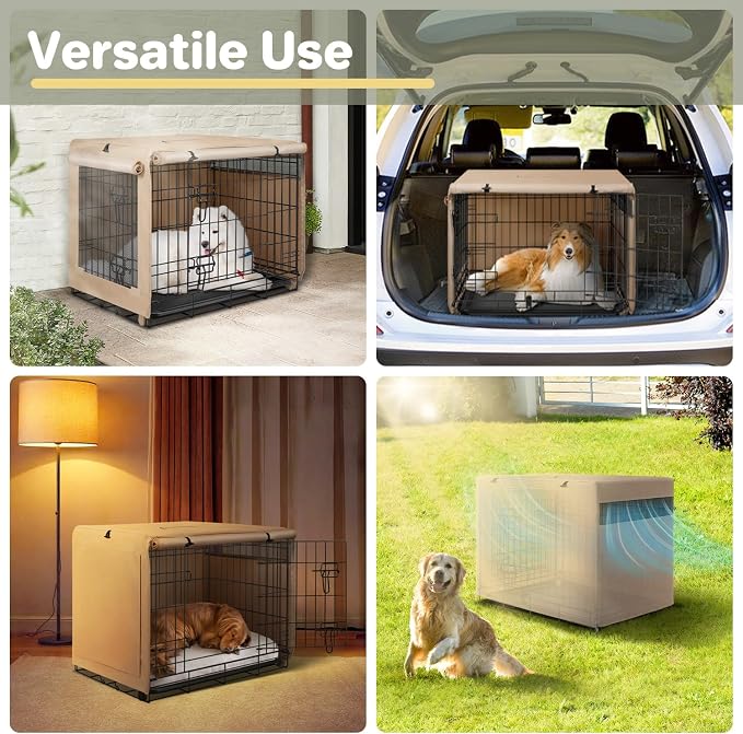 Seiyierr Dog Crate Cover - Kennel Cover Fit for 36 Inch Dog Crate, Double Door Polyester Crate Cover for Wire Dog Crate Indoor Outdoor Protection, Beige