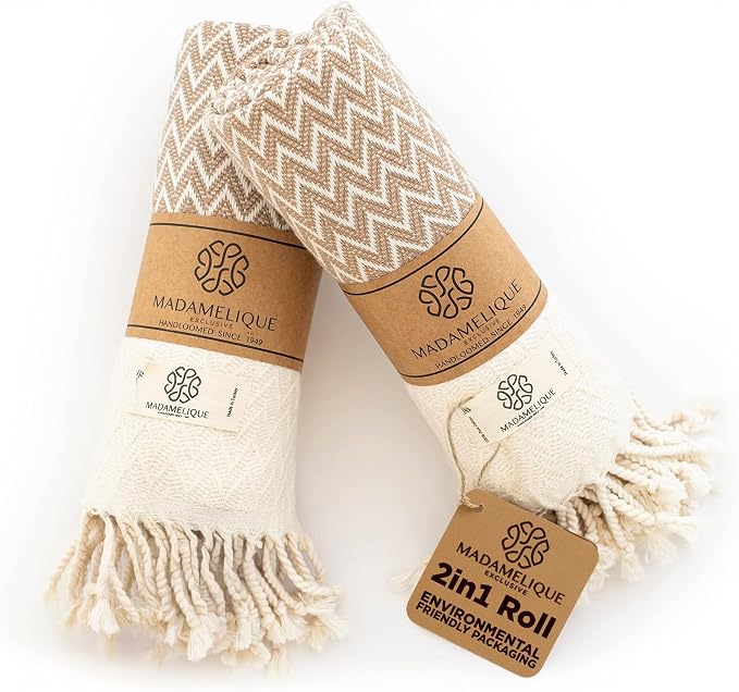 Madamelique Exclusive Hand Towels Set of 2-18 x 40 Inches - Decorative Bathroom Peshtemal Towel for Hand, Face, Hair, Yoga, Tea, Dishcloth, Kitchen and Bath - 100% Pure Cotton (Biscuit)
