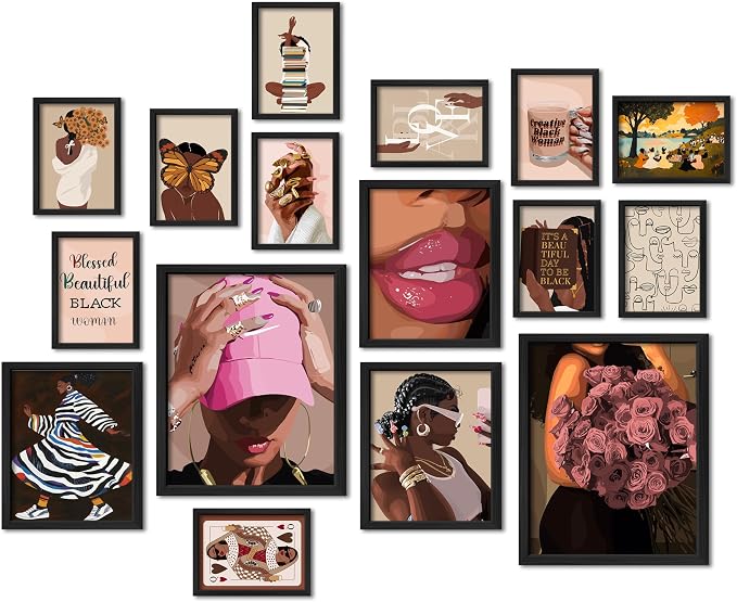 ANERZA 16 PCS Framed Black Girl Wall Art Decor, African American Wall Prints for Bedroom, Black Woman Gallery Wall Frame Set, Black People Posters for Living Room Aesthetic, Collage Kit, Dorm Artwork