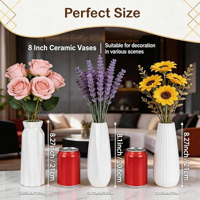 10-Piece 8 Inch White Ceramic Vases Set - Minimalist White Vases for Home Decor, Weddings, Pampas Grass & DIY Crafts | Rustic Matte White Ceramic Vases Bulk