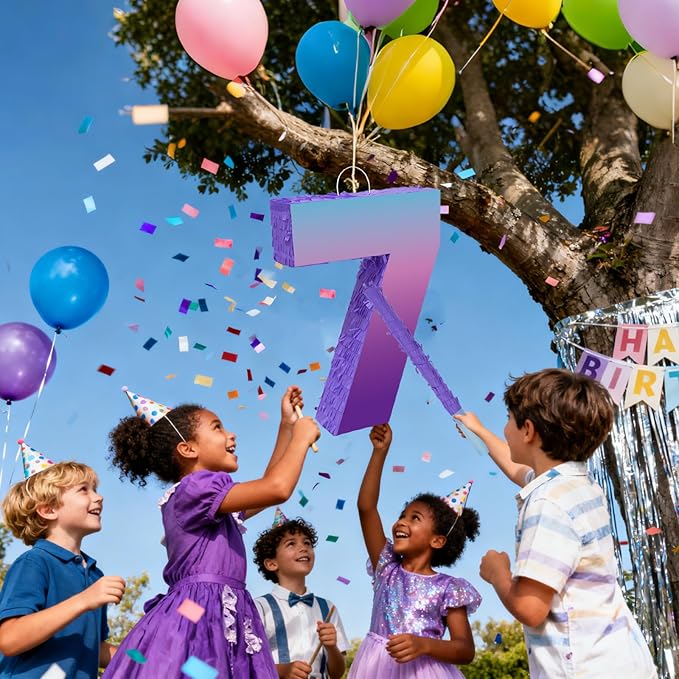 Purple Birthday Party Decorations, Purple Number 7 Pinata with Stick Blindfold Confetti for Girls Boys 7th Birthday Activity Game Gift (15.7 x 11.5 x 3 In)