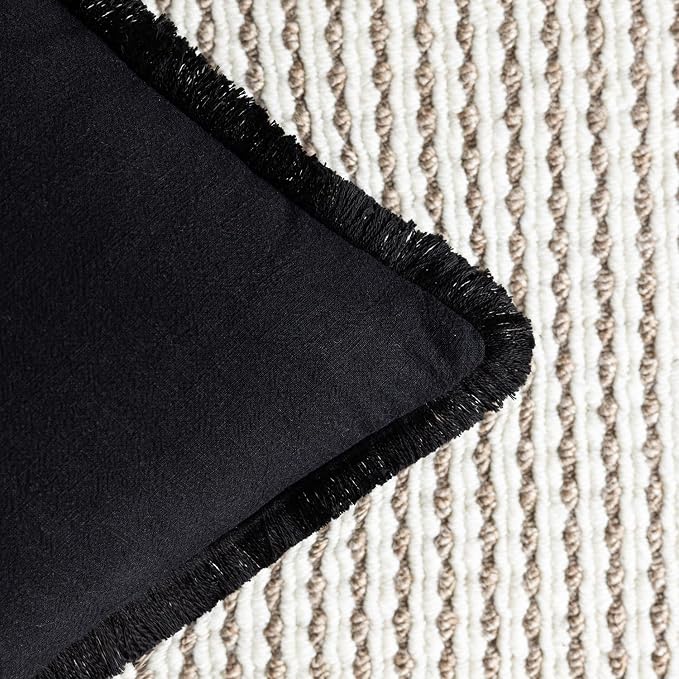 Foindtower Set of 2 Decorative Linen Fringe Throw Pillow Covers Cozy Boho Farmhouse Cushion Cover with Tassels Soft Accent Pillowcase for Couch Sofa Bed Living Room Home Decor, 22×22 Inch, Black