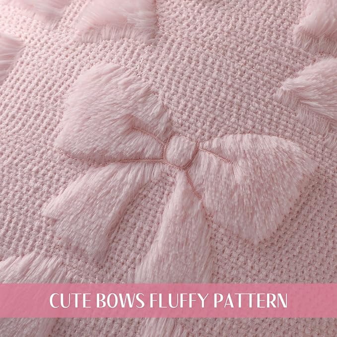 Mixweer Pink Bow Pillow Covers Set of 2 Preppy Room Decor Coquette Cute Spring Summer Decorative Faux Fur Soft Bowknot Stuff Fluffy Plush Aesthetic Pillowcase for Bed Sofa Couch (16 x 16 Inch)