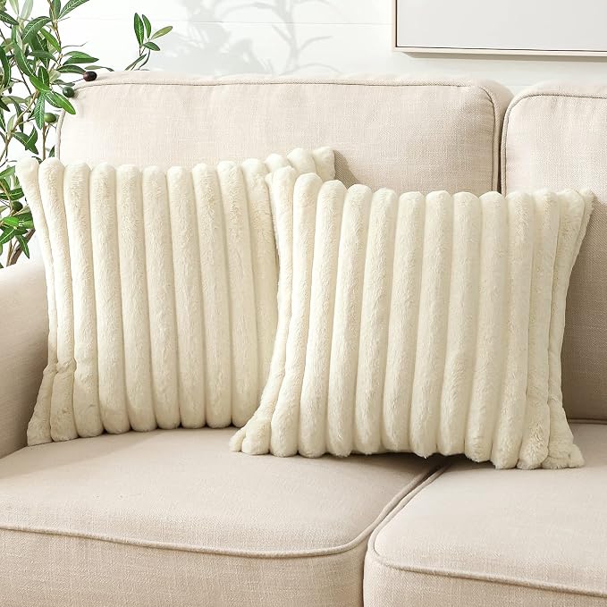 Soleebee Set of 2 Throw Pillow Covers Soft Cozy Velvet Pillowcase Faux Rabbit Fur Cover for Couch Sofa Bed Chair Home Decorative Pillows Cover (16x16 Inch, Ivory White)