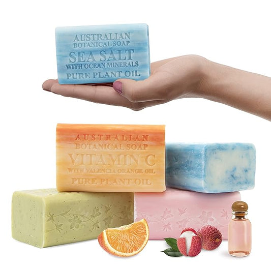 Australian Botanical Soap, Sea Salt, Lemongrass, Pink Lychee, Valencia Orange 6.6 OZ, Luxury Soap Bars Enriched with Shea Butter, Vegan Friendly Assorted Pack of 4