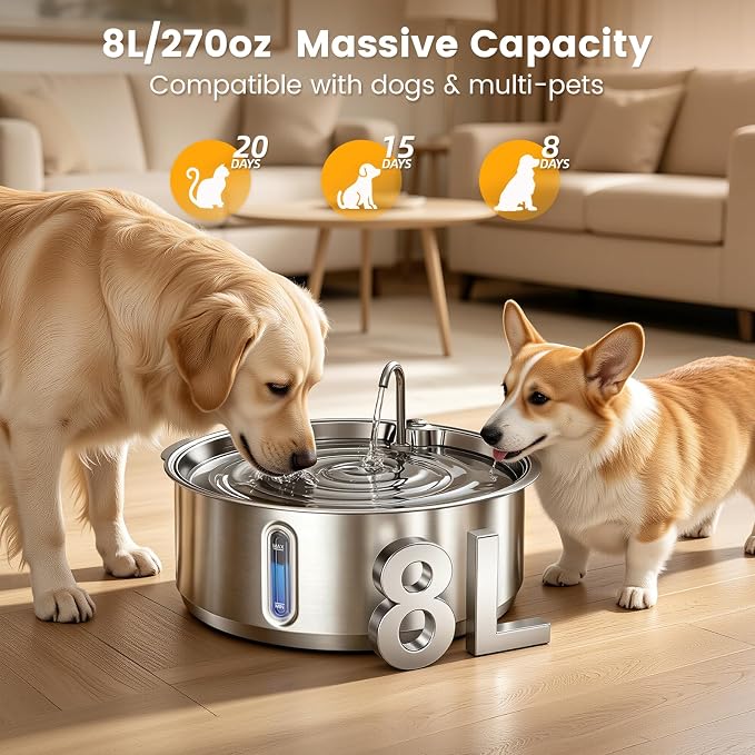Invengo 8L/270oz Quiet Stainless Steel Dog Water Fountain, 2 Filters | 50% Thicker 6mm Steel, Dual Filters, 6-Layer Deep Purification, Under 25dB Whisper-Quiet Operation, 2 Flow Modes