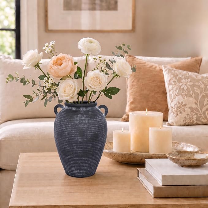 8.7" Black Ceramic Vase with Handles for Home Decor | Black pottery vase with handles; small black vase, watertight for fresh flowers, pampas grass, shelves, mantels and tables