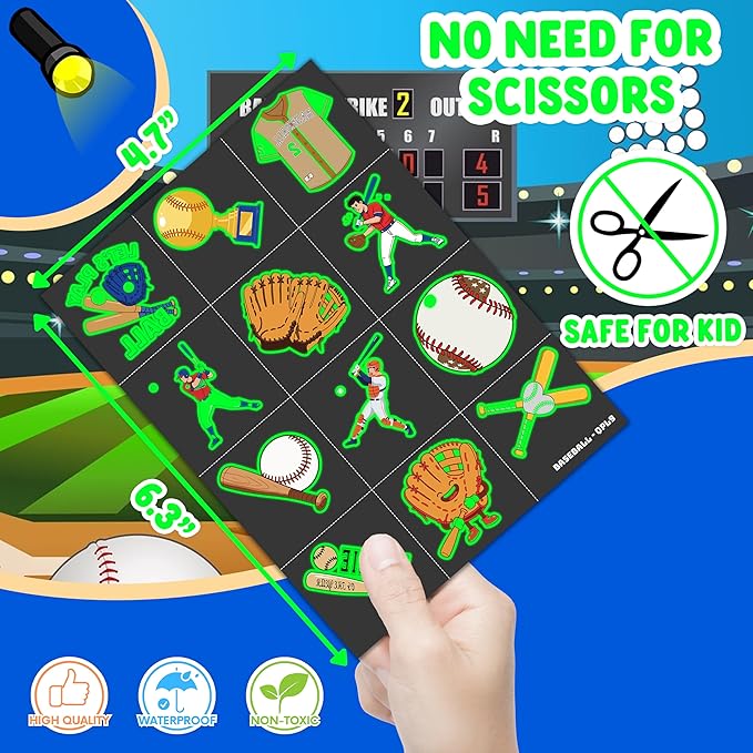 96 PCS Baseball Sports Pre-Cut Luminous Glow in the dark Temporary Tattoos for Kids | Super Cute Baseball Themed Birthday Party Favors, Supplies, Decorations, Fake Tattoo Stickers Gifts for Boys Girls
