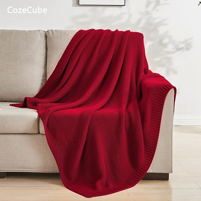 CozeCube Christmas Red Seed Stitch Throw Blanket 60"x80", Farmhouse Decor | Blanket for Couch, Soft Cozy Cable Knit Throw for Bed Sofa Living Room, Lightweight Warm Decorative Christmas Blanket