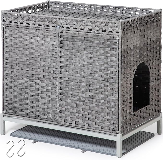 SETVSON Cat Litter Box Enclosure Furniture, Hidden Large Cat House, Gray | Handwoven PE Rattan with Litter Mat, Cat Washroom, Heightened Metal Feet, Double Doors for Easy Clean 30.3 x 18.3 x 28 In