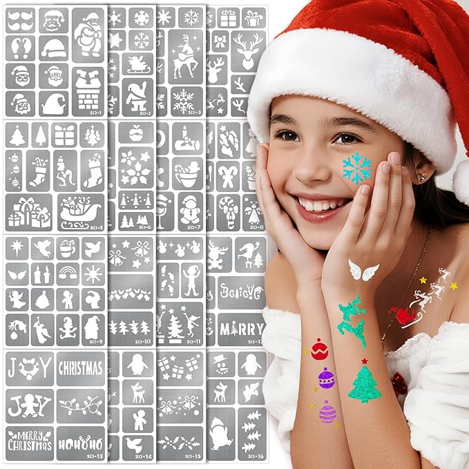 Temporary Tattoo Markers for Skin, 8 Body Markers + 158 Christmas Tattoo Stencils for Kids Adults, Flexible Brush Tip & Bright Colors Body Marker and Fake Tattoos Stencils Set for Party Favor Gift