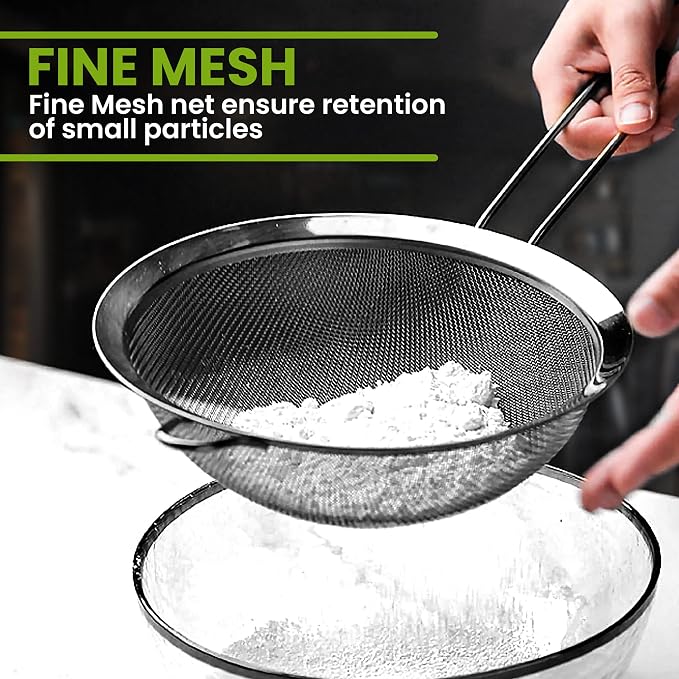 Set of 2 Stainless Steel Mesh Strainers for Kitchen - 5.5 inch Round Fine Mesh Strainer & 3.4 inch Conical Strainer Fine Mesh - Ideal to Sieve Pasta Noodles, Quinoa, Tea, Coffee, Juices, Flour