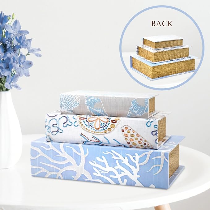 Jolitac Wooden Decorative Book Boxes 3 Pack - Vintage Style Secret Storage Boxes Handcrafted Wooden Storage Containers with Rustic Magnetic Closure for Jewelry & Keepsakes (Blue Ocean)