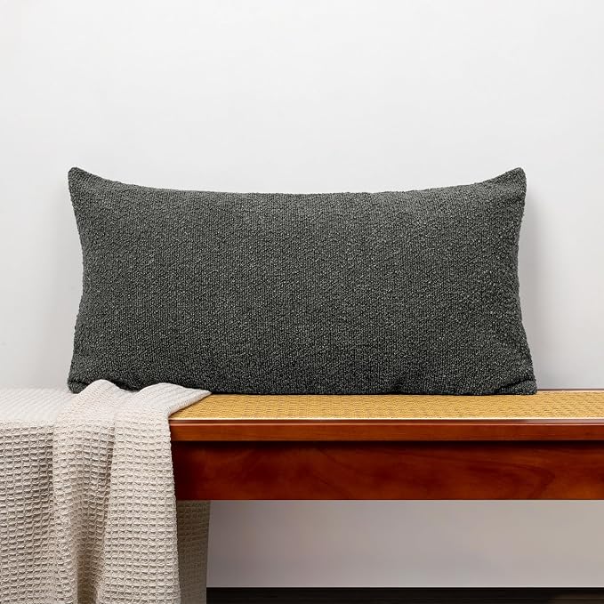 JoraLion 14x26 inch Boucle Lumbar Pillow Cover, Dark Grey Woven Texture Neutral Long Pillow Cover Breathable Cushion Case for Couch Sofa Bed Living Room Home Decor (Cover Only)