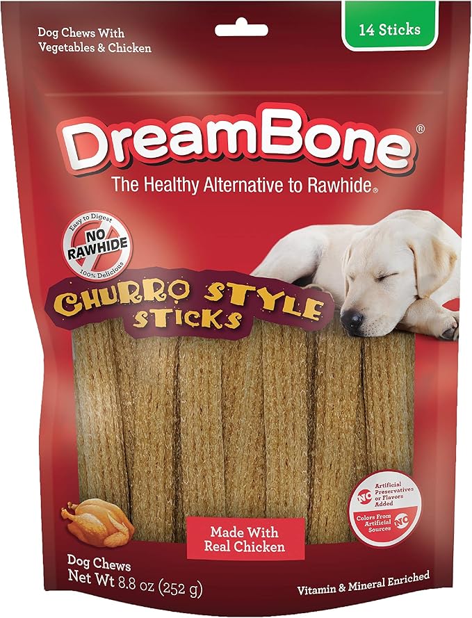 DreamBone Churro-Style Sticks Rawhide-Free Dog Treats, 14 Count | Daily Chew, Digests Safely and Completely, Made With Real Protein, Chicken and Veggies, For Adult Dogs