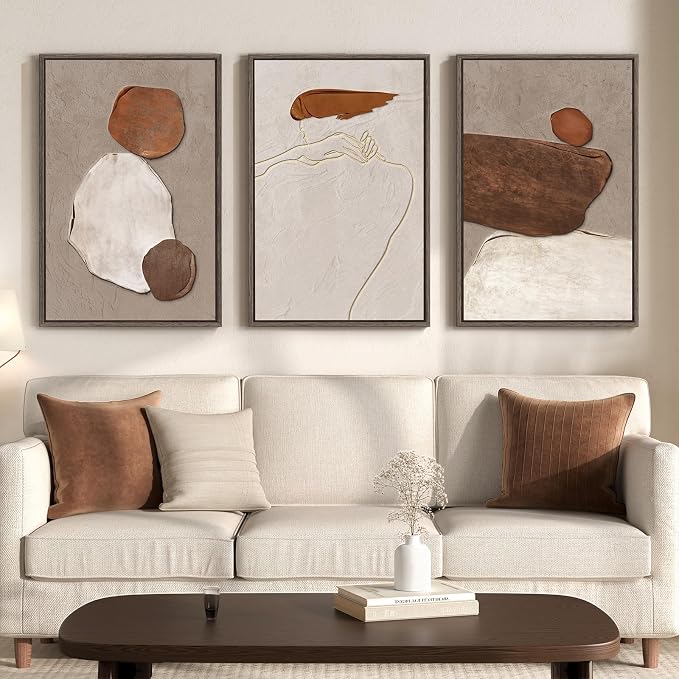 Large Framed Beige and Brown Neutral Abstract Wall Art, Set of 3, 20x30 In | Rustic artwork for walls, Canvas prints paintings, Minimalist stone pictures, Wall decor for living room hallway stair office