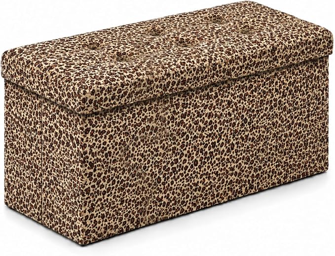ALASDO 30 Inch Folding Storage Ottoman Bench with Hidden Storage, PU Leather Ottoman Foot Rest Stool, End of Bed Bench for Bedroom, Living Room, Entryway and Closet, Leopard Print