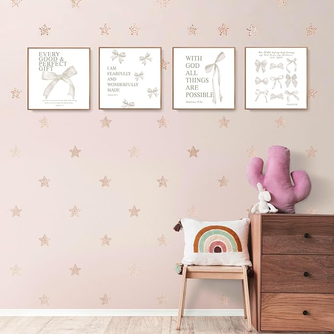 LARTSFRO Coquette Beige Bow Wall Art Decor Posters, Beige Bow Christian Room Bedroom Bathroom Dorm Wall Art Decor Aesthetic for College Teen Girls Gifts, Inspirational Bible Verses Bow Wall Decor, 10x10 Inch Set of 4 Pcs Bow Pictures (UNFRAMED)