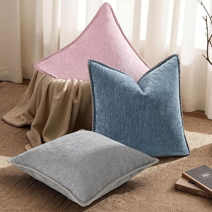 decorUhome Soft Chenille Throw Pillow Covers 26x26 Set of 2 Haze Blue | Fall Textured Decorative Throw Pillow Cases Stitched Edge Modern Farmhouse Luxury Boho Velvet for Couch Sofa Bed Home Decor