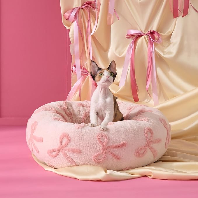 LE SURE Shown on TV Jacquard Donut Cat Beds Indoor,Pink Taffy 20x20x6in | Orthopedic Calming Puppy Bed,Cute Original Design Pattern,Washable Cover, Home Decor as Gift for Pet ,Anti Slip Bottom